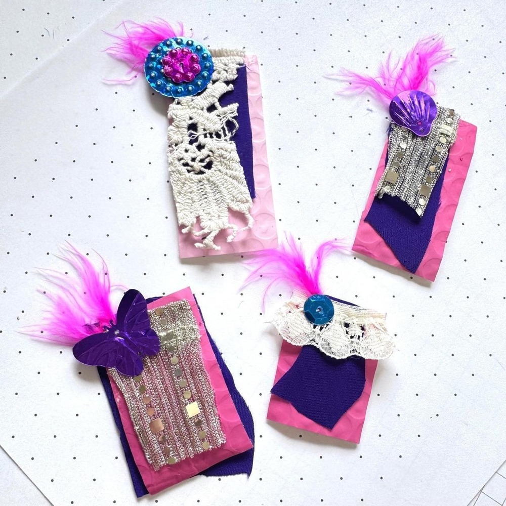 Handmade y2k fairycore scrappy tags set of 4 hot pink feathers, sequin lace